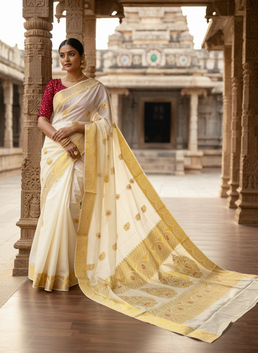 Southloom Cotton Kasavu Replica Saree with Red and Golden Works Across Body and Kasavu Border