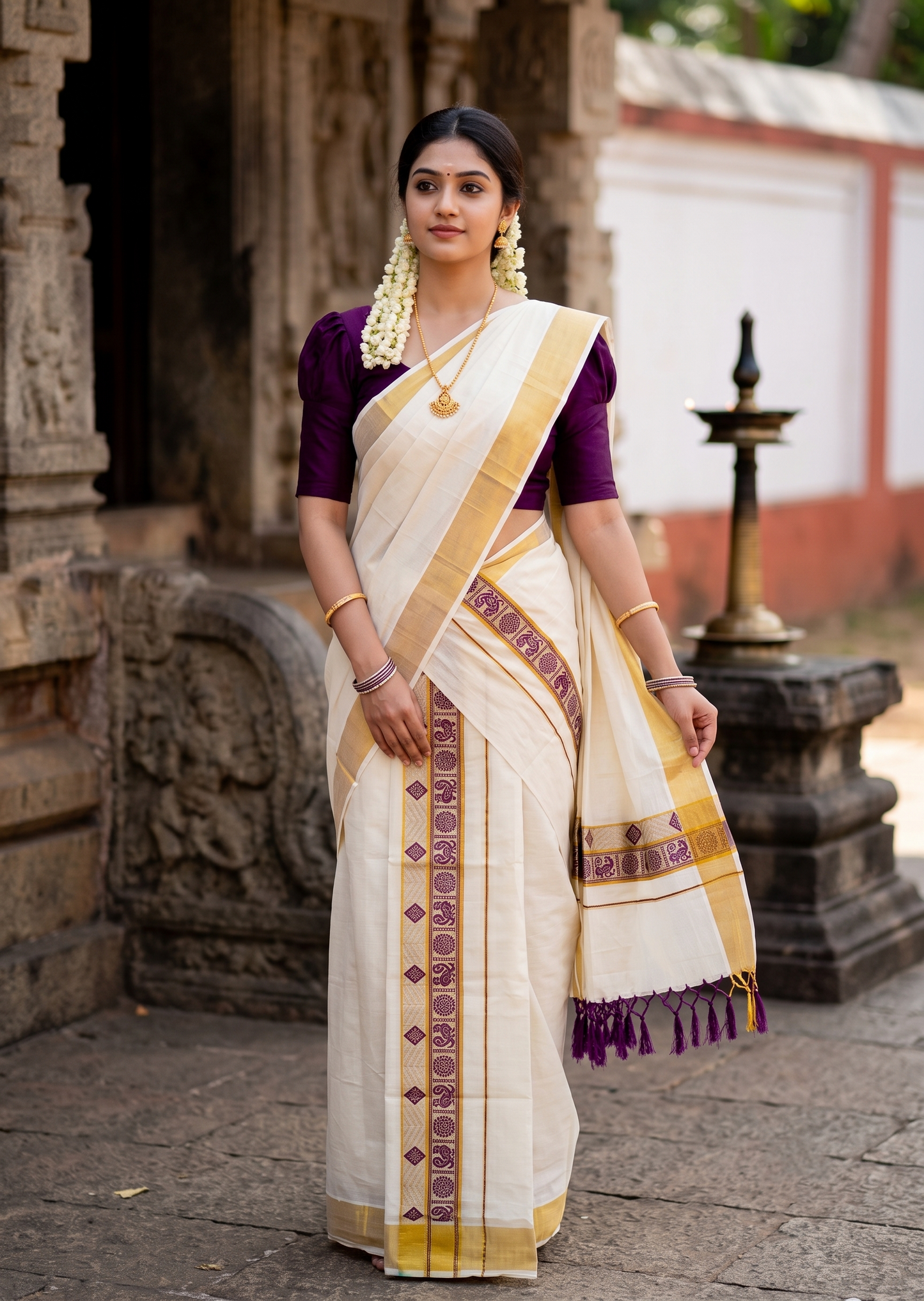Southloom Kerala Cotton Kasavu Single Set Mundu (Mundum Neriyathum) with Peacock Design in Purple SL527