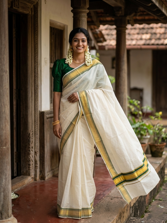 Pure Cotton Kerala Saree with Dark Green and Kasavu Lines Border and Pallu