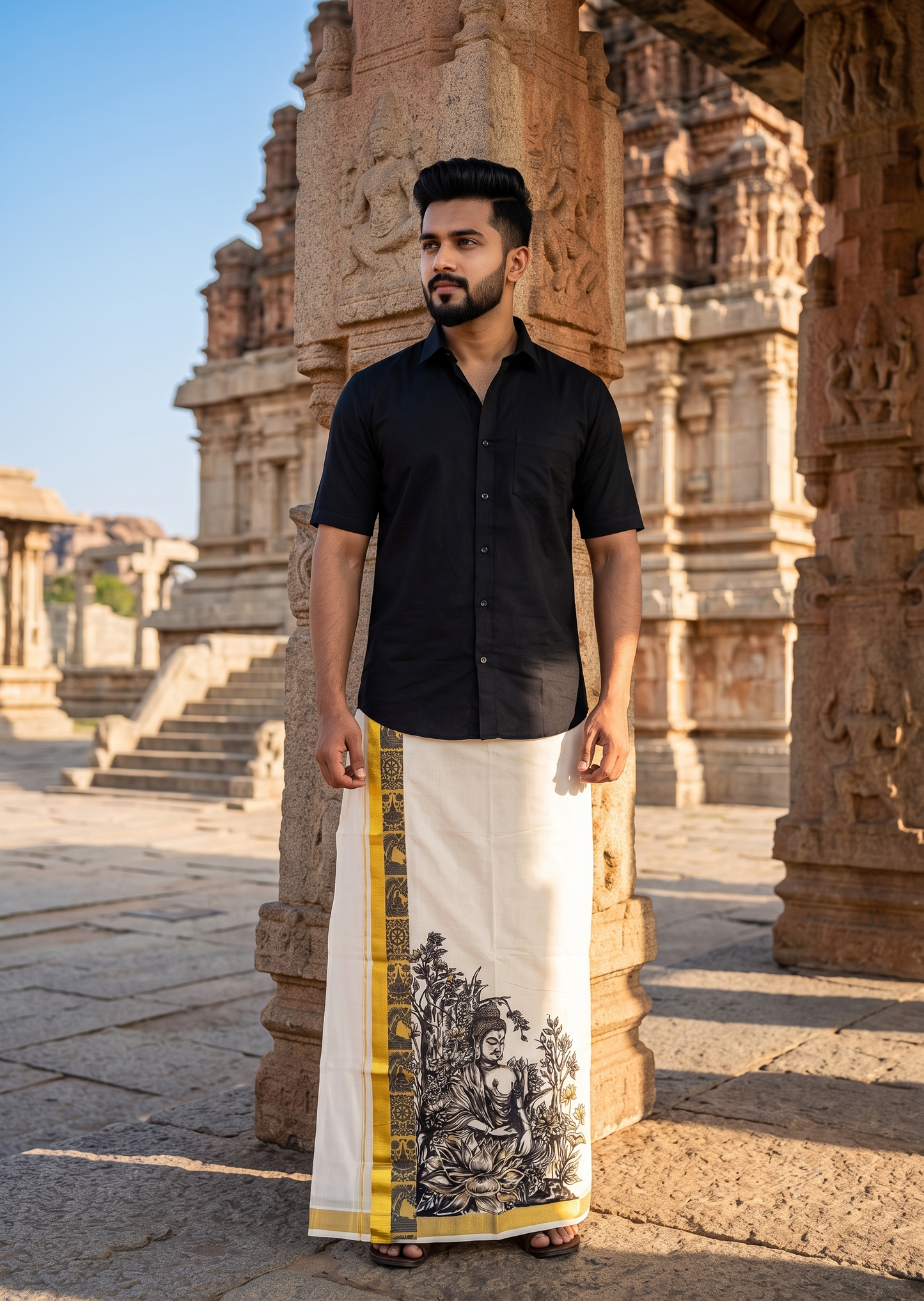 Southloom Pure Cotton Bhudan Digital Printed Double Mundu (South Indian Kerala Dhoti)