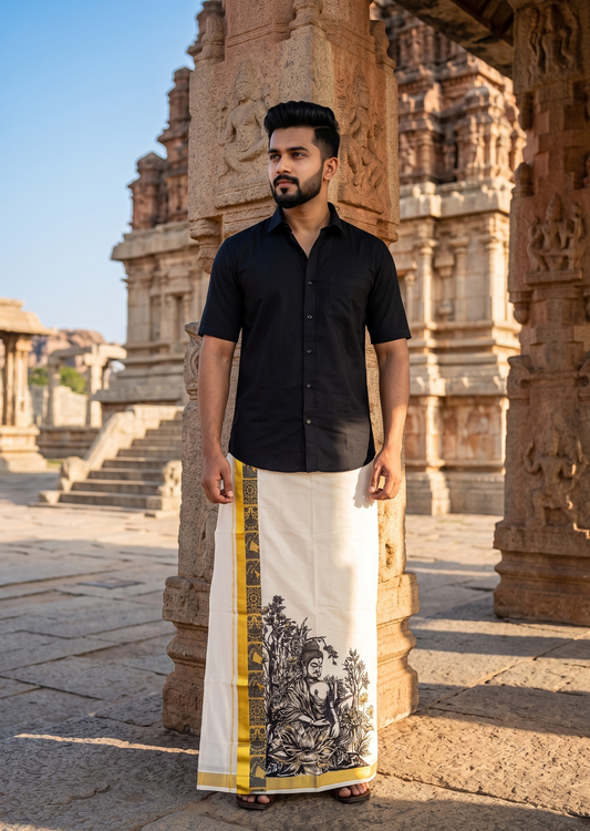 Southloom Pure Cotton Bhudan Digital Printed Double Mundu (South Indian Kerala Dhoti)