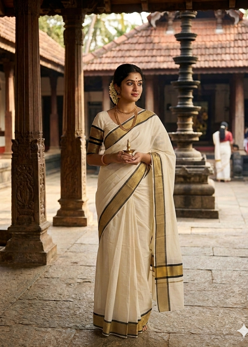 Kerala Cotton Saree With Black And Gold Lines On Border SL430