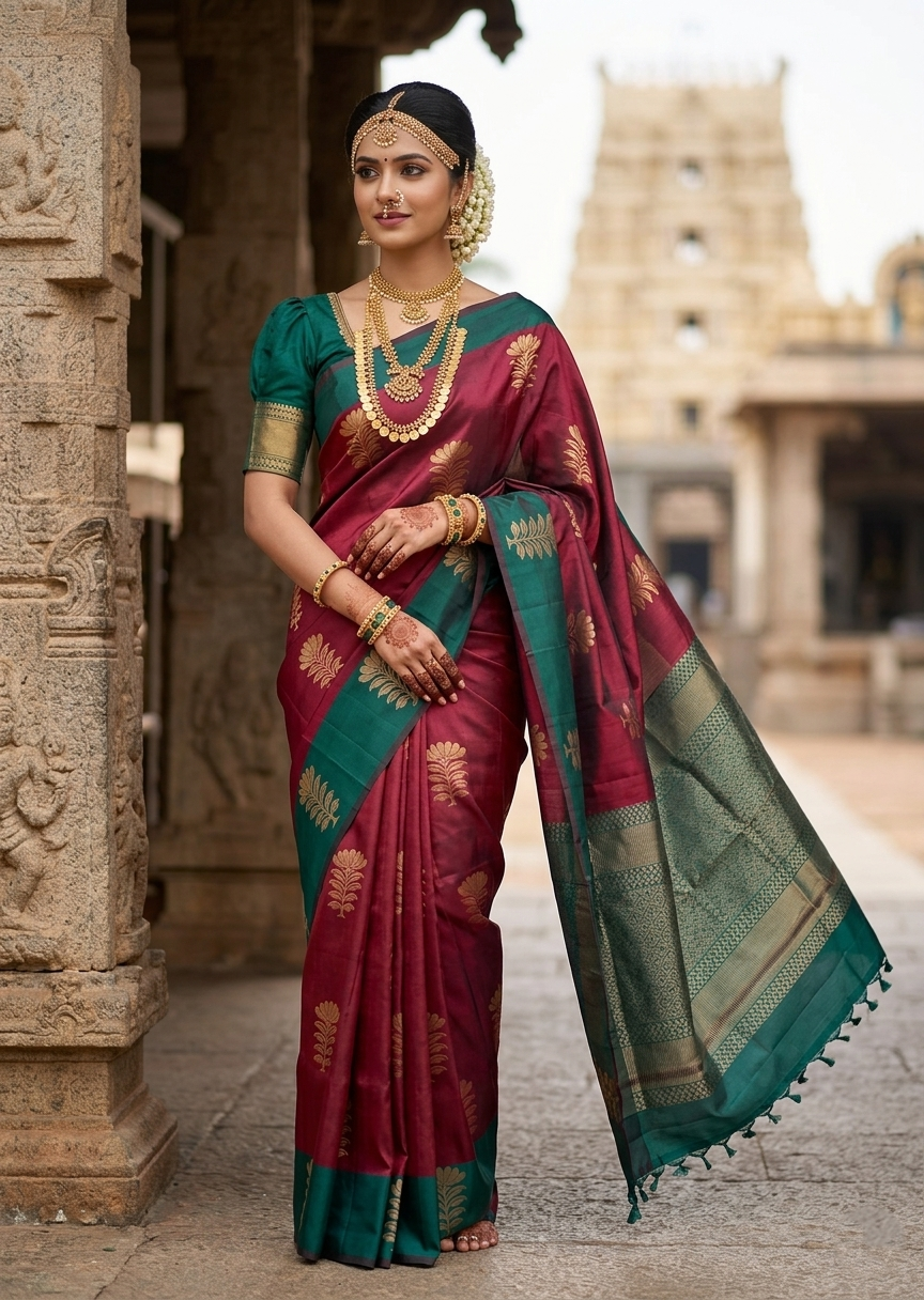 Southloom Pure Handloom Kanchipuram Silk Saree with Butta Work (Green & Maroon)