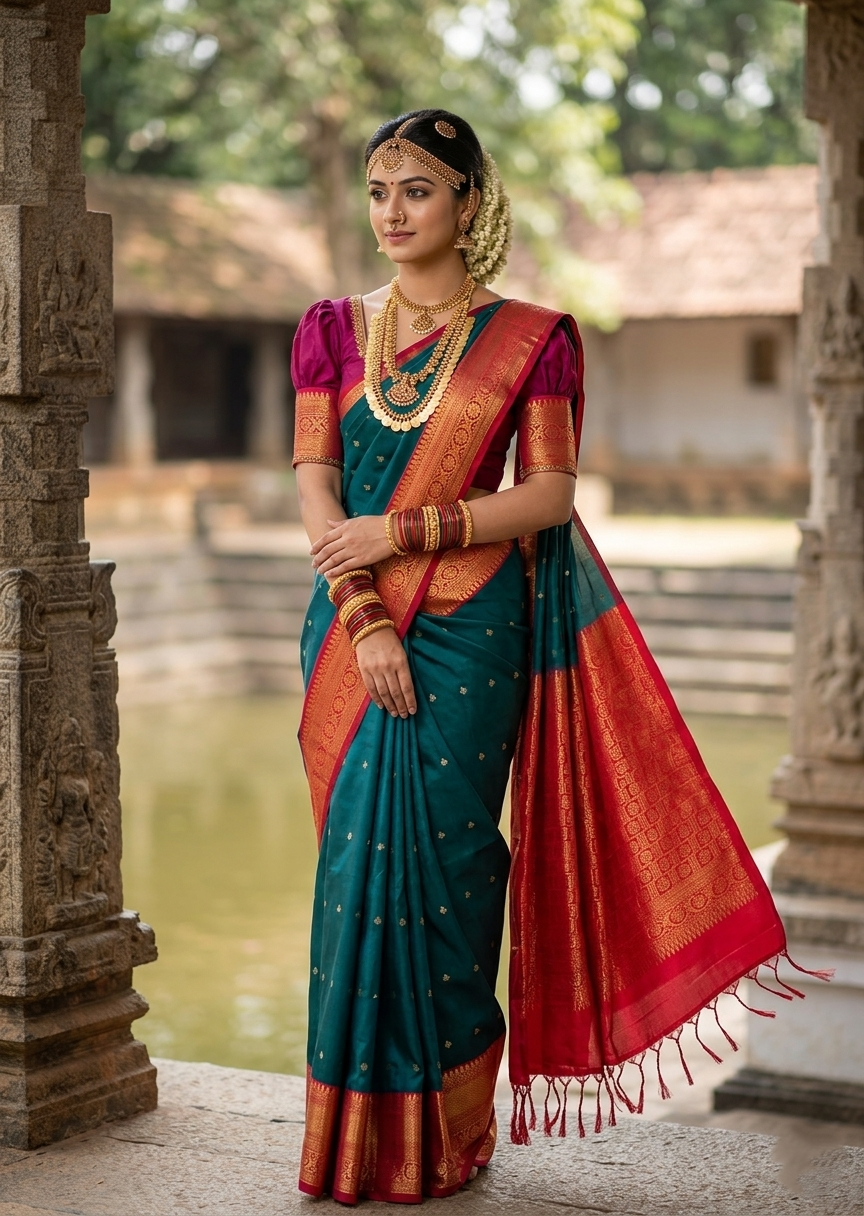 Southloom Pure Handloom Kanchipuram Silk Saree with Korvai Work (Magenta & Green)