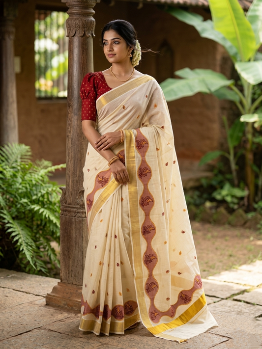 Southloom Tissue Kerala Kasavu Saree with Embroidery Design