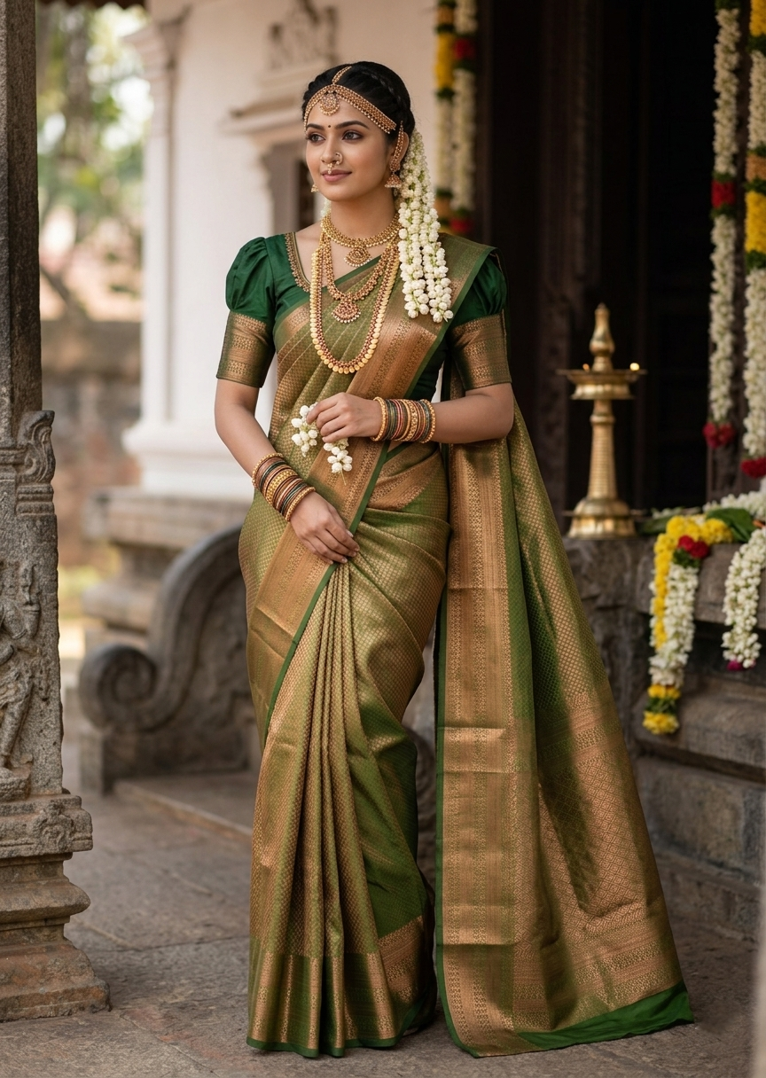 Southloom Semi Silk Brocade Bridal Saree With Woven Borders in Green