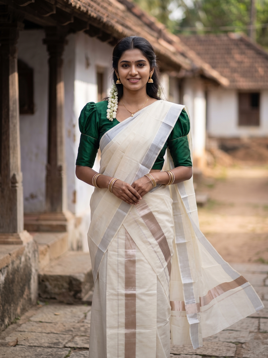 Mundum Neriyathum Single (Set Mundu) with Silver 2 inch Kara 2.80 Mtrs