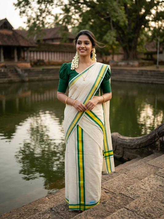 Southloom Pure Cotton Kerala Single Mulloth Set Mundu (Mundum Neriyathum) Green And Yellow Border in 2.80 mtrs SL243