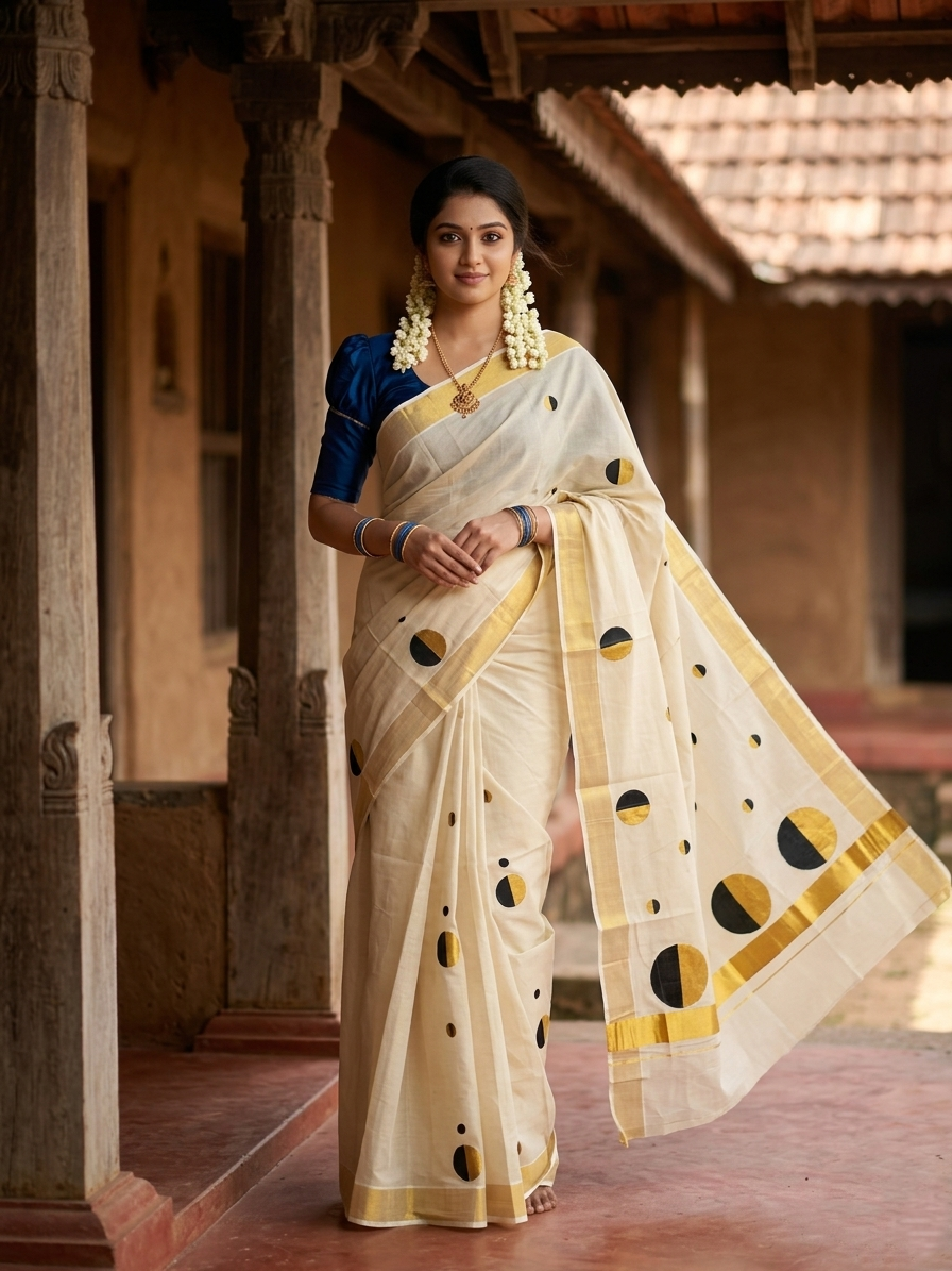 Southloom Kerala Tissue Kasavu Saree With Black Polka Dots Embroidery on Body SL346