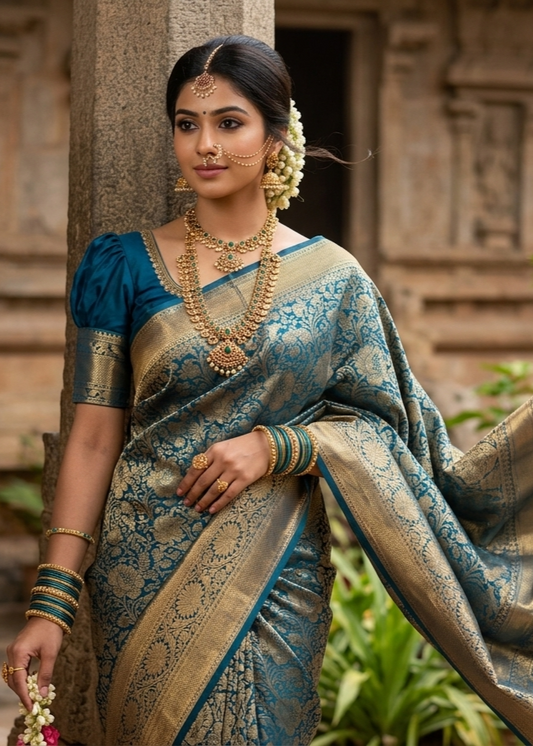 Southloom Pure Handloom Bridal Kanchipuram Silk Saree with Korvai Work (Blue)