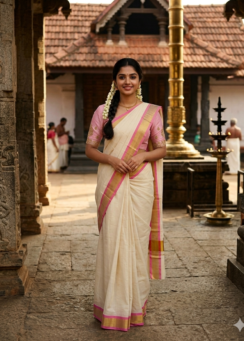 Kerala Cotton Saree With pink And Gold Lines On Border SL430
