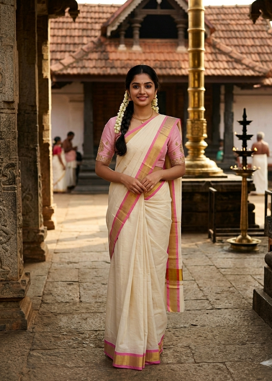 Kerala Cotton Saree With Pink And Gold Lines On Border SL430