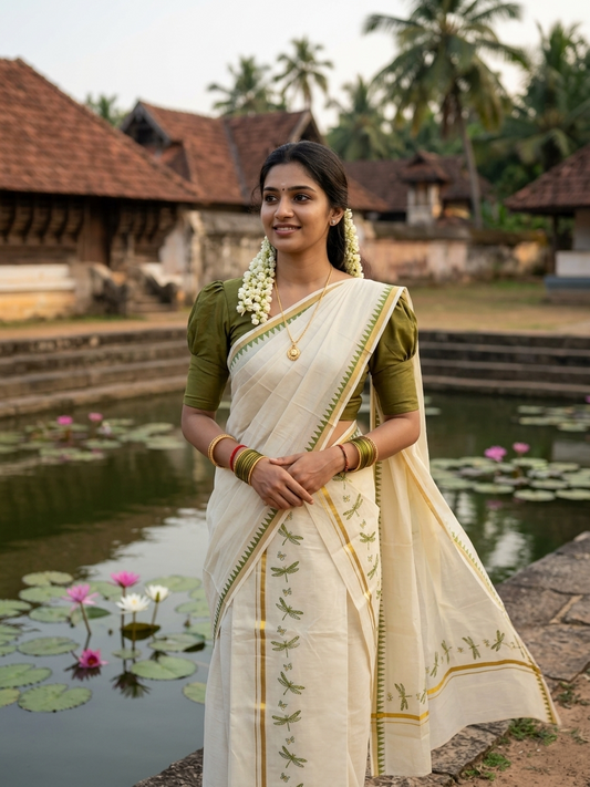 Southloom Kerala Cotton Single Set Mundu (Mundum Neriyathum) with Olive Green Thumbi Block Printed Design And Gold Kasavu 2.80 Mtrs SL151