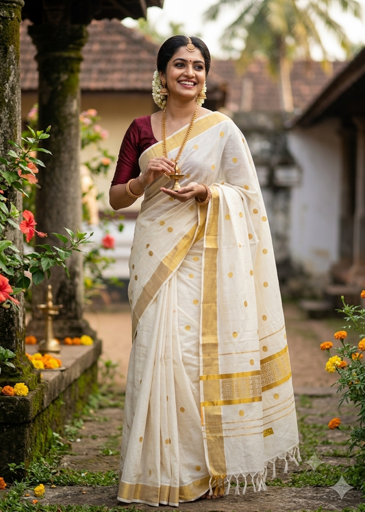 Southloom Kerala Cotton Handloom Balaramapuram Saree With Gold Polka Dot Design On Body SL635