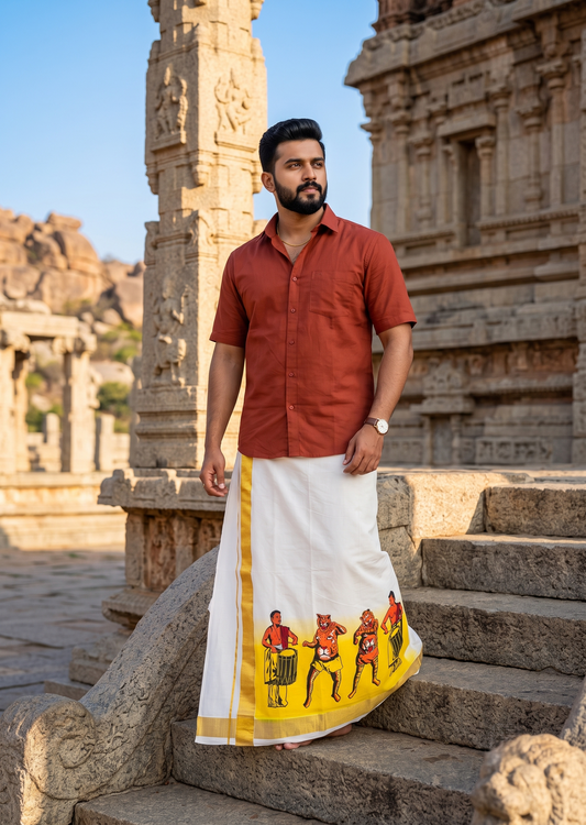 Southloom Kerala Cotton Chendamelam Digital Printed Double Mundu (South Indian Kerala Dhoti) SL567