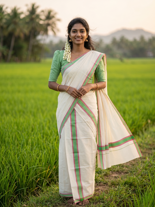 Southloom Kerala Mulloth Cotton Single Mundum Neriyathum with Pink and Green Border