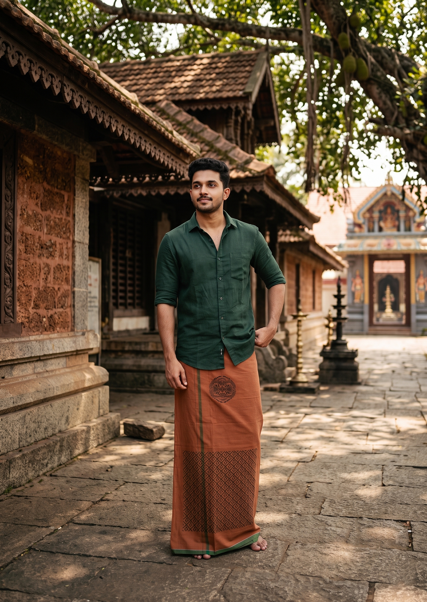 Southloom Saffron (Kaavi) Black Printed Single Mundu / Lungi (South Indian Kerala Dhoti) SL319