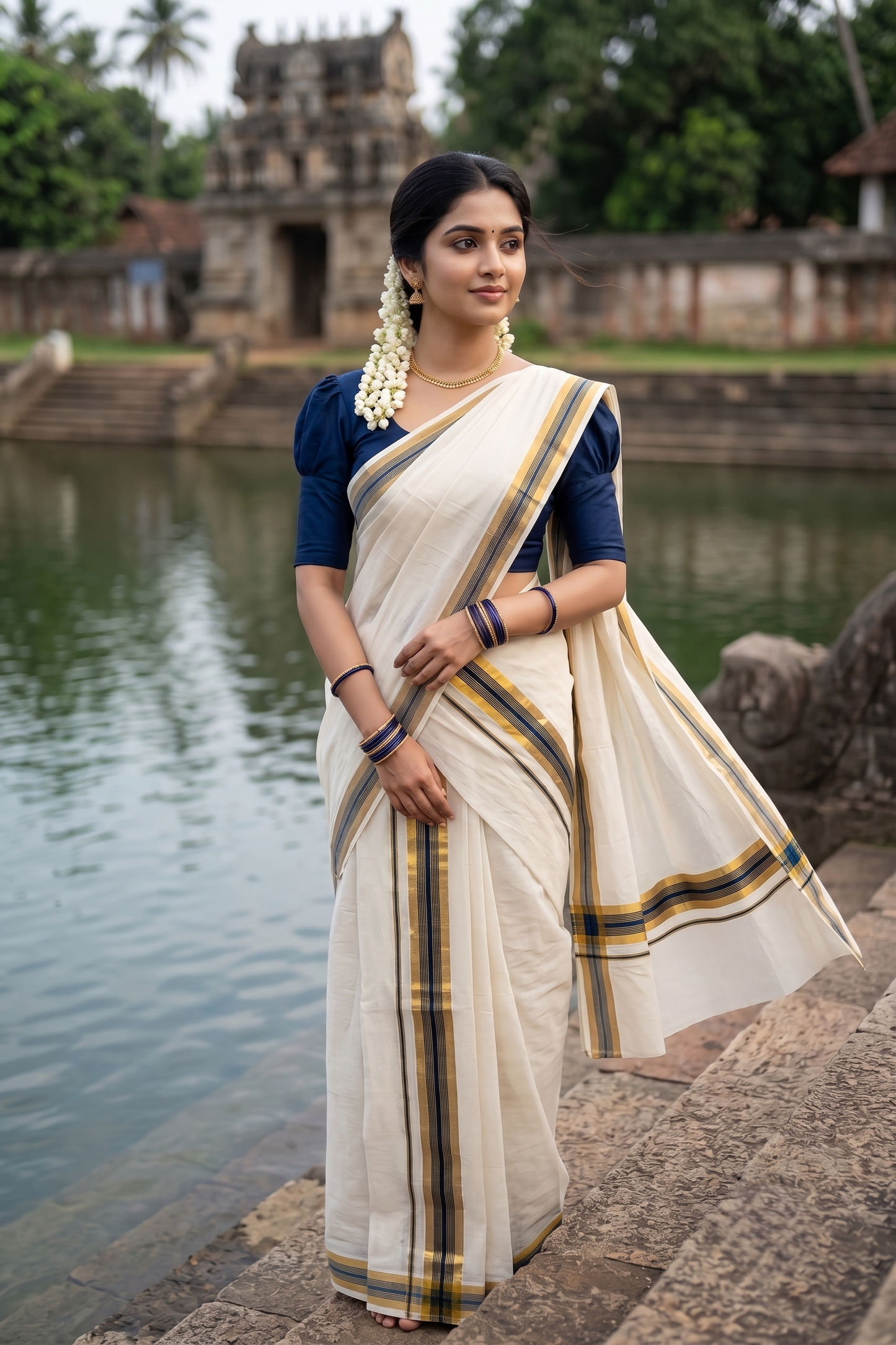 Southloom Pure Cotton Kerala Single Set Mundu (Mundum Neriyathum) with Navy Blue and 1 inch Kasavu Border 2.80 Mtrs