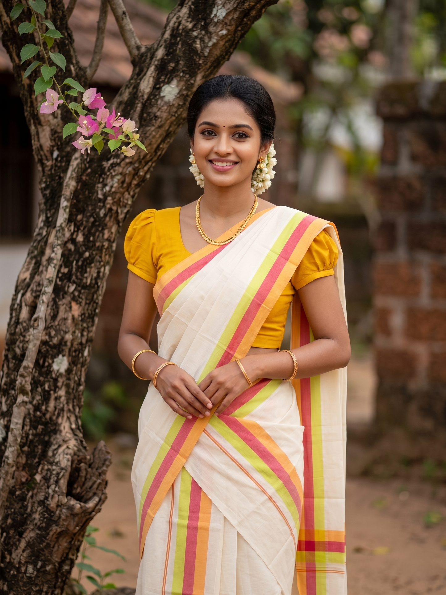 Southloom Kerala Mulloth Cotton Single Mundum Neriyathum with Multicolor Border In 2.80 Mtrs SL243