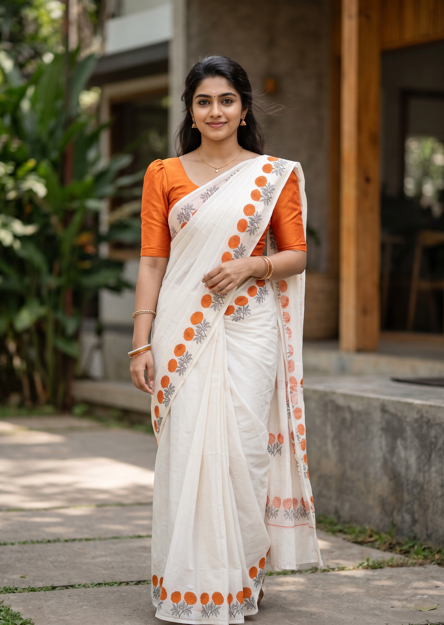 Southloom Kerala Cotton Plain Saree with Floral Printed Works on Border