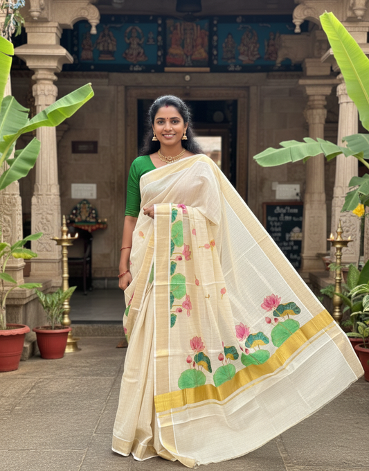 Southloom Tissue Kerala Kasavu Saree with Hand Painted Embroidery Lotus Design