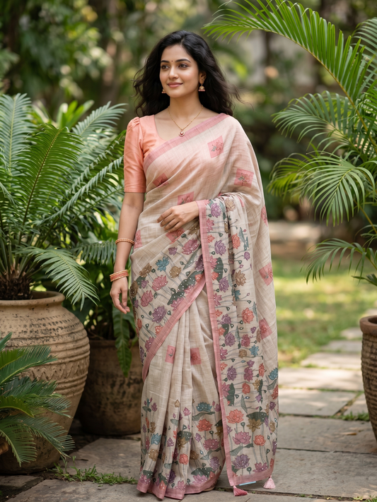 Southloom Designer Colour Saree with Floral Woven Works Across Body in Beige