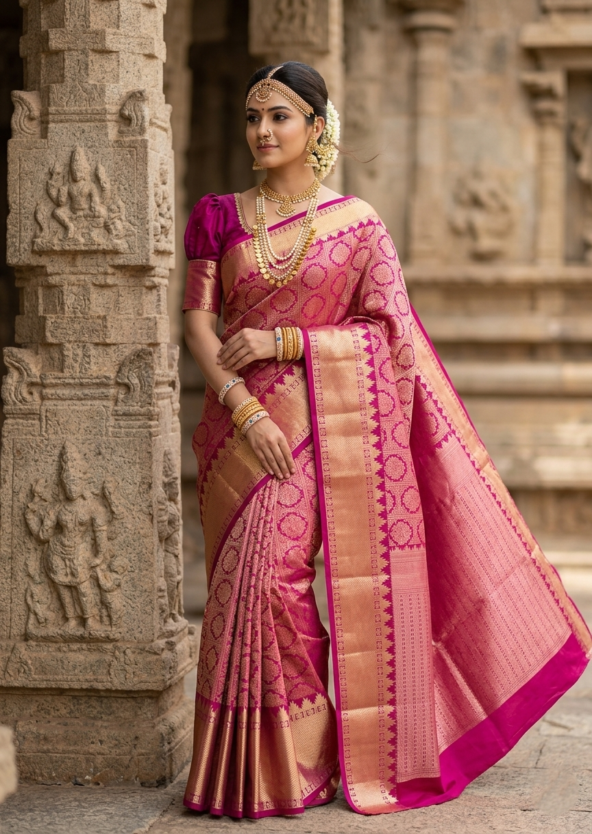 Southloom Premium Handloom Bridal Kanchipuram Silk Saree with Korvai Work (Magenta)