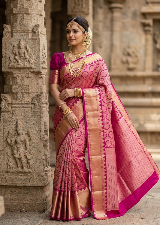 Southloom Premium Handloom Bridal Kanchipuram Silk Saree with Korvai Work (Magenta)