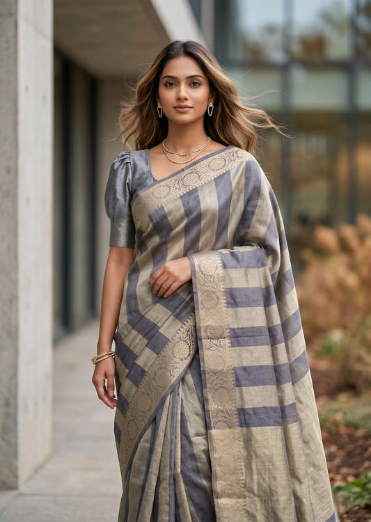 Southloom Tissue Organza Saree With Stripes Design in Grey Double colour SL354