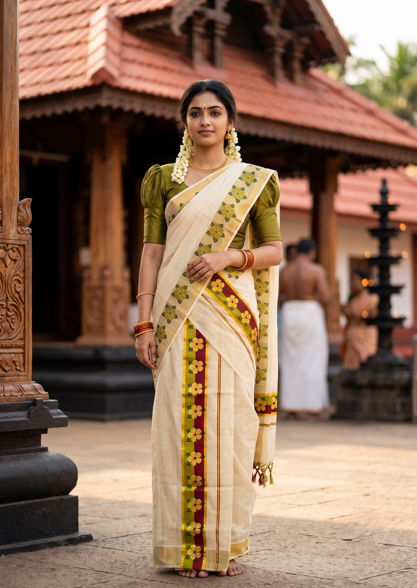 Kerala Pure Tissue Set Mundu Single (Mundum Neriyathum) with Floral Prints on Gold Kasavu Border in 2.80 Mtrs SL569