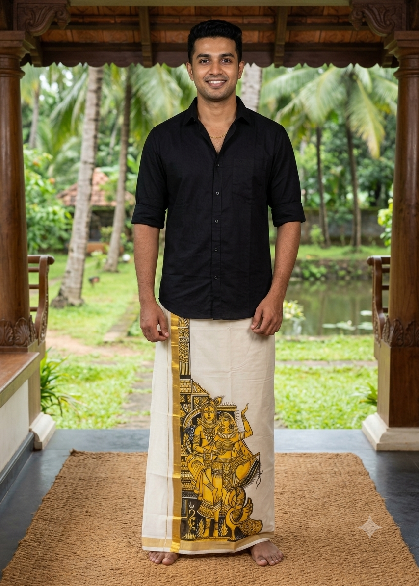 Kerala Cotton Handpainted Dhoti ( Double Mundu )  SL330