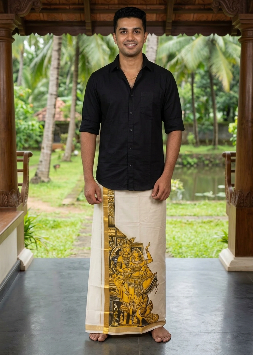 Kerala Cotton Handpainted Dhoti ( Double Mundu )  SL330