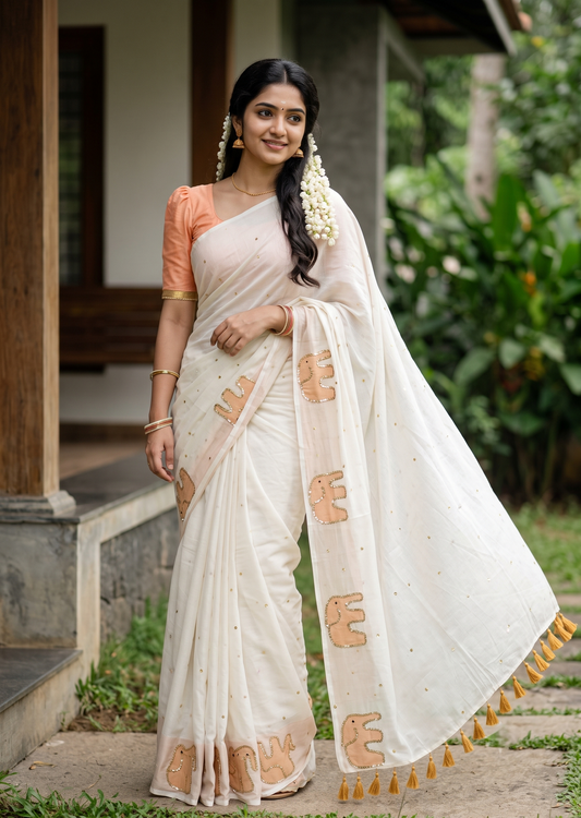Southloom Mul Cotton 120 x 120 Soft Fabric Saree with Elephant Appliqu Embroidery Work On Border SL215