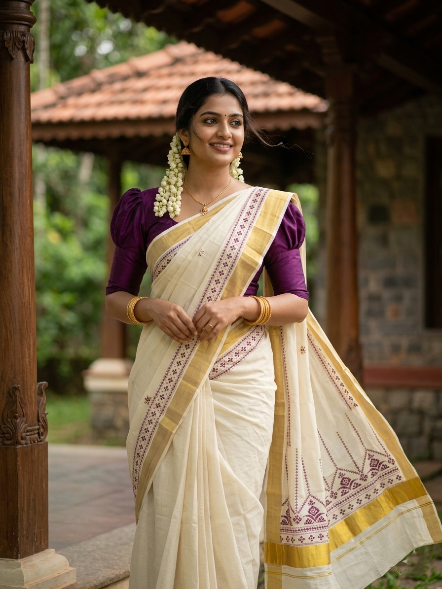 Southloom Pure Cotton Kerala Kasavu Saree with Maroon Embroidery Designs