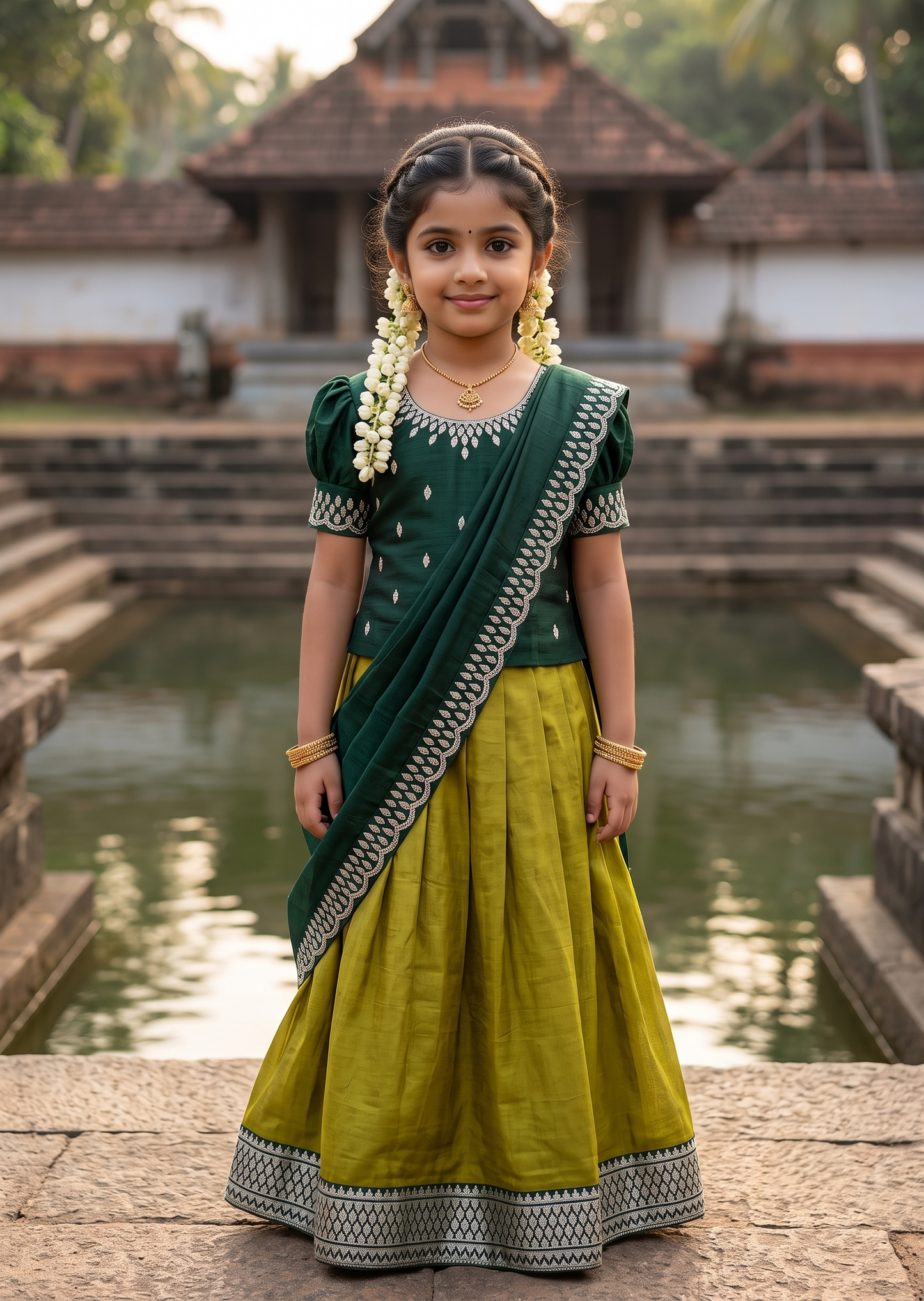 Southloom Georgette Kids Dhavani Set in Olive Green and Green SLKDHAVANI