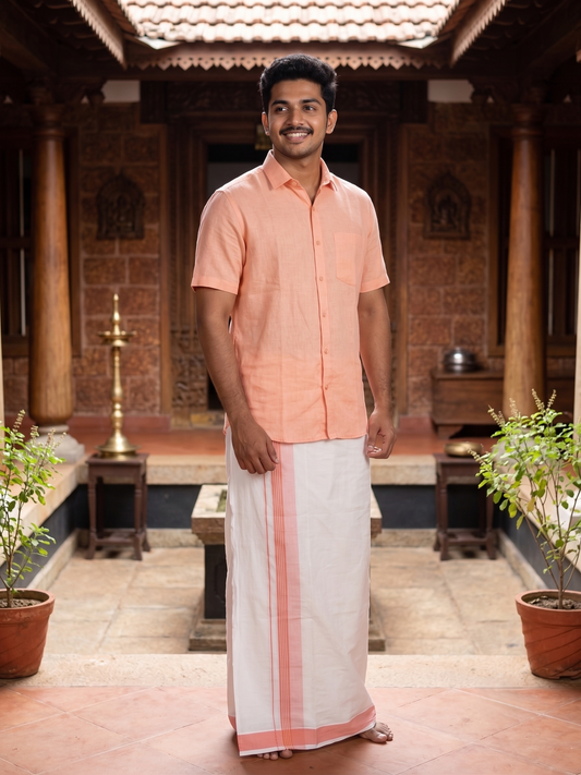 Southloom Pure Cotton Mundu with Peach Border (South Indian Kerala Dhoti)