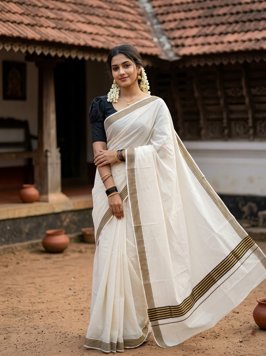 Kerala Pure Cotton Saree with Kasavu and Black Border