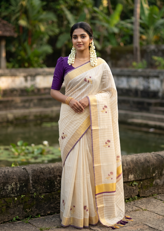 Kerala Tissue Saree With Violet Floral Embroidery Design In SL249