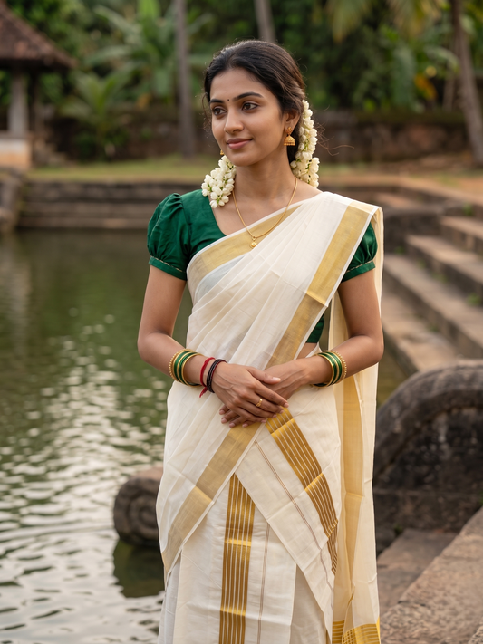 Southloom Kerala Cotton Single Set Mundu (Mundum Neriyathum) with  Kasavu Border