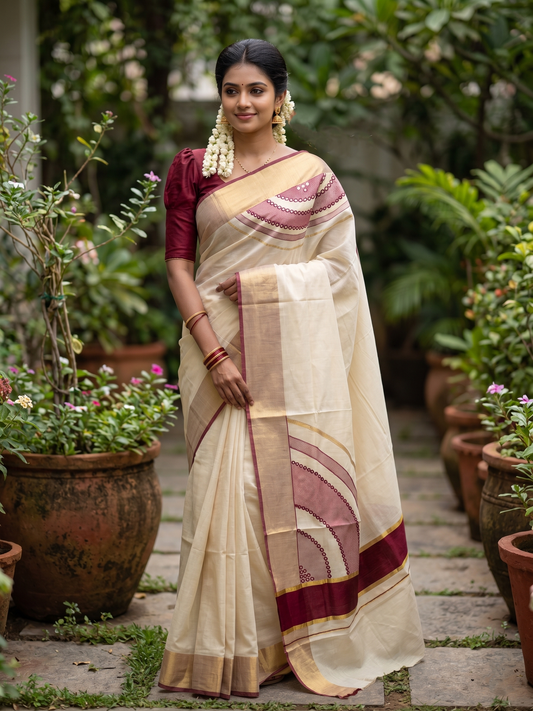 Southloom Kerala Tissue Kasavu Saree with Maroon Mirror Work