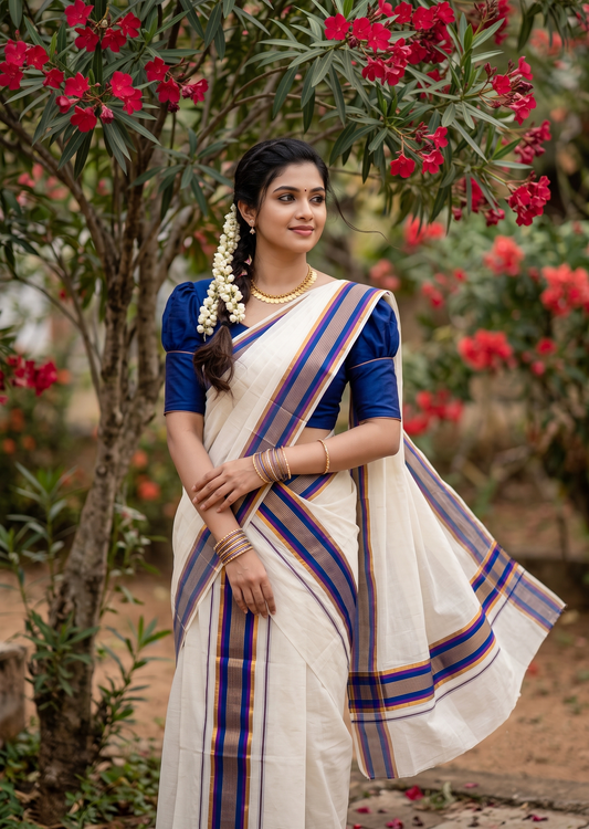 Kerala Cotton Set Mundu (Mundum Neriyathum) with Kasavu and Blue Border in 2.80 Mtrs SLKK SL470