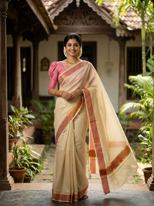 Southloom Kerala Tissue Kasavu Plain Saree  Magenta Hand Printed SL350