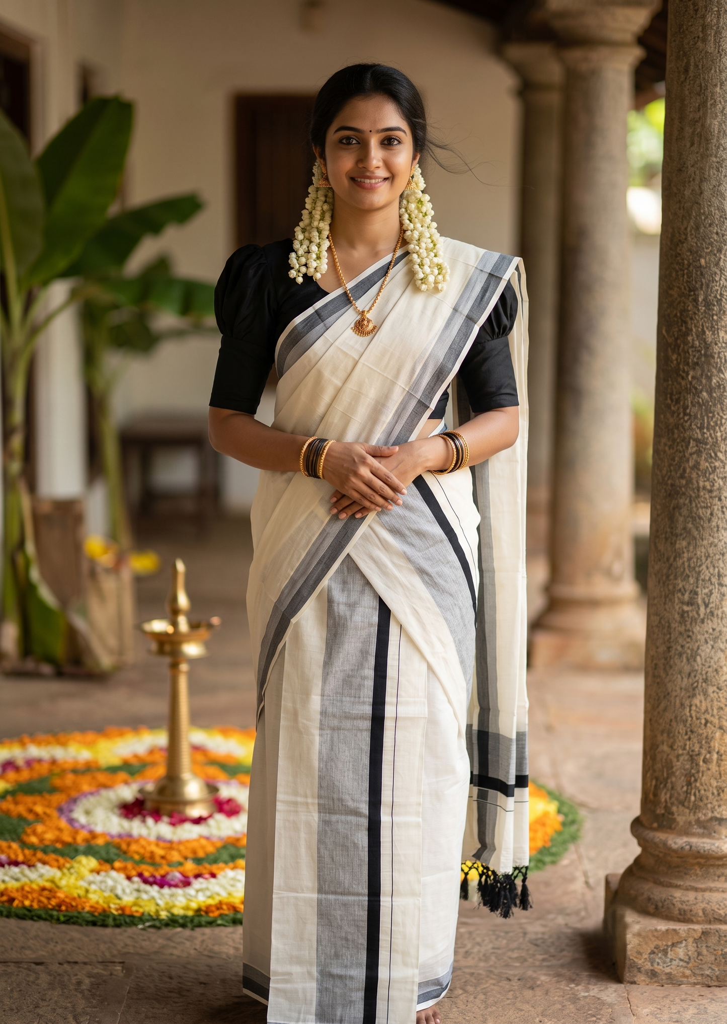 Southloom Kerala Cotton Mundum Neriyathum Single (Set Mundu) with Black Border 2.80 Mtrs