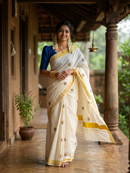 Southloom Cotton Kerala Kasavu Lines Saree with Floral Embroidery Design in Blue