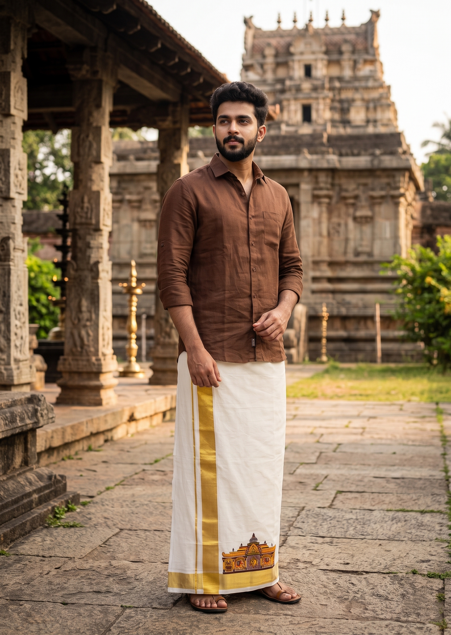 Southloom Kerala Cotton Temple Digital Printed Double Mundu (South Indian Kerala Dhoti) SL567