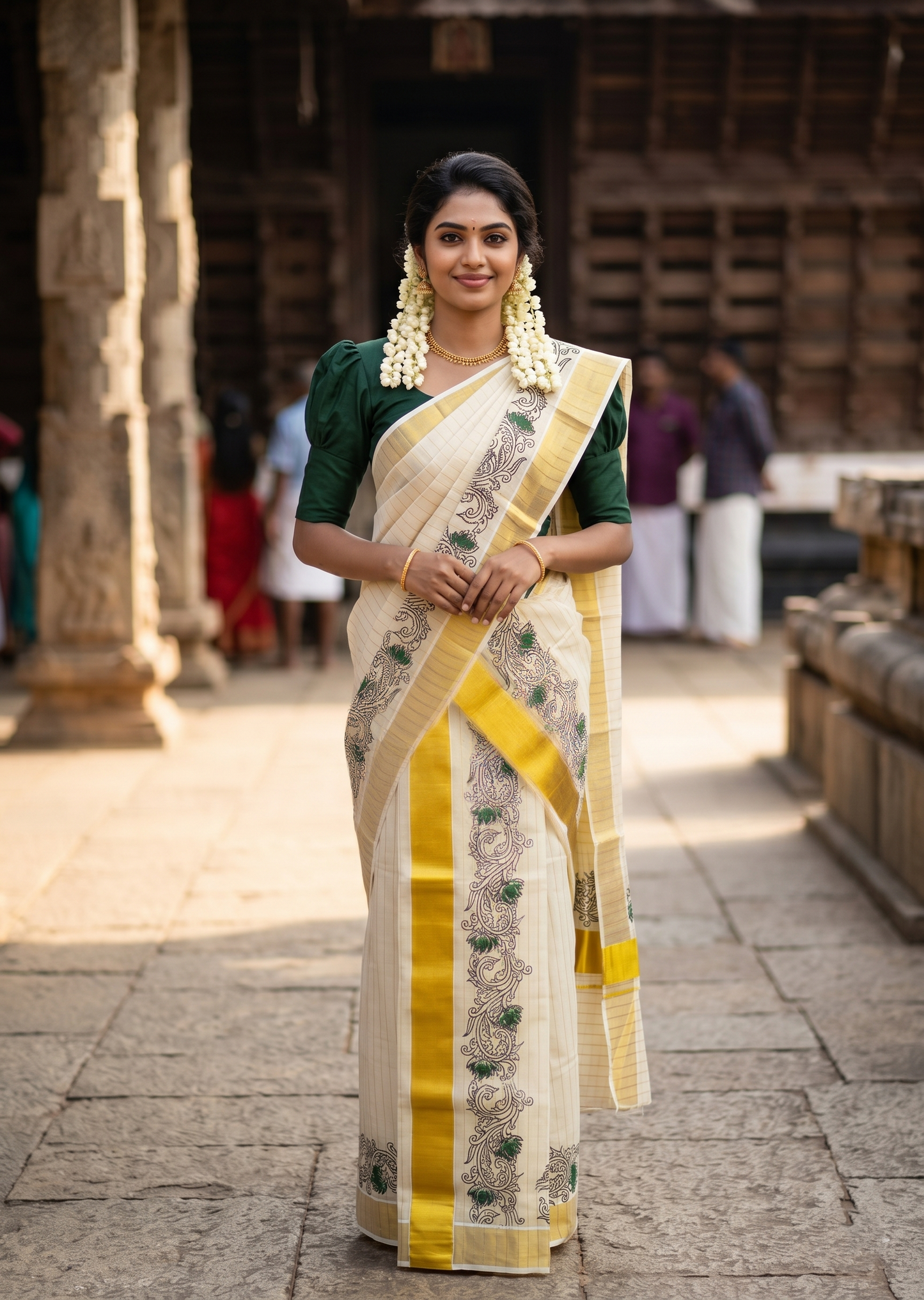 Kerala Tissue Single Set Mundu (Mundum Neriyathum) with Green Lotus Block Printed Design 2.80Mtr