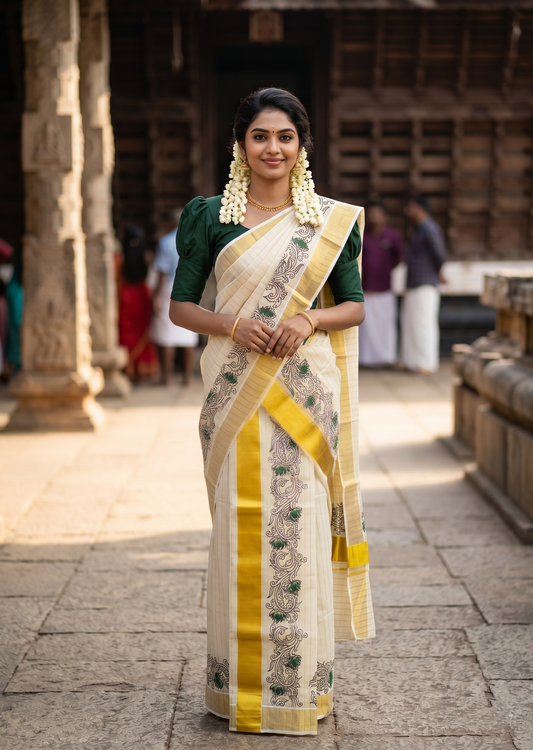 Kerala Tissue Single Set Mundu (Mundum Neriyathum) with Green Lotus Block Printed Design 2.80Mtr