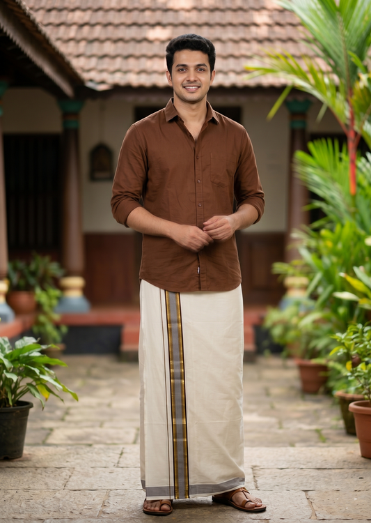 Southloom Pure Cotton Mundu with Gold lines& Brown Border (South Indian Kerala Dhoti)