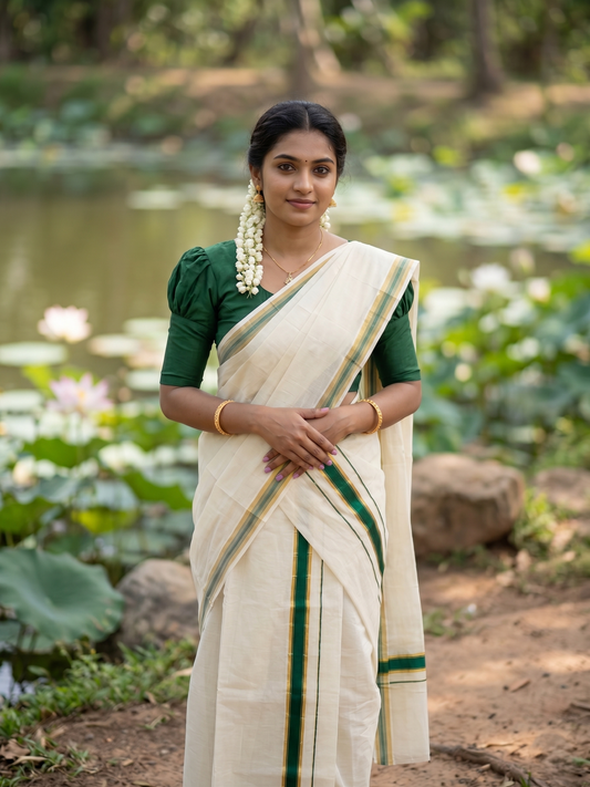 Pure Cotton Kerala Single Set Mundu (Mundum Neriyathum) with Dark Green and Kasavu Border 2.80 Mtrs SLKK SL470
