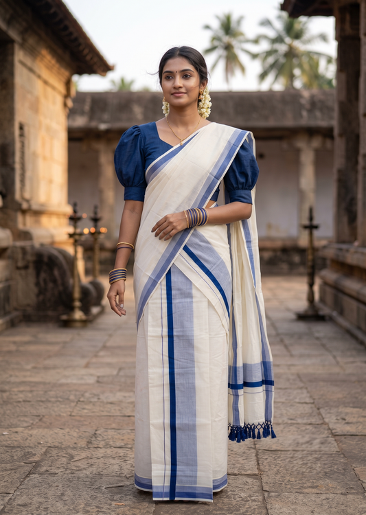 Southloom Kerala Cotton Mundum Neriyathum Single (Set Mundu) with Blue Border 2.80 Mtrs